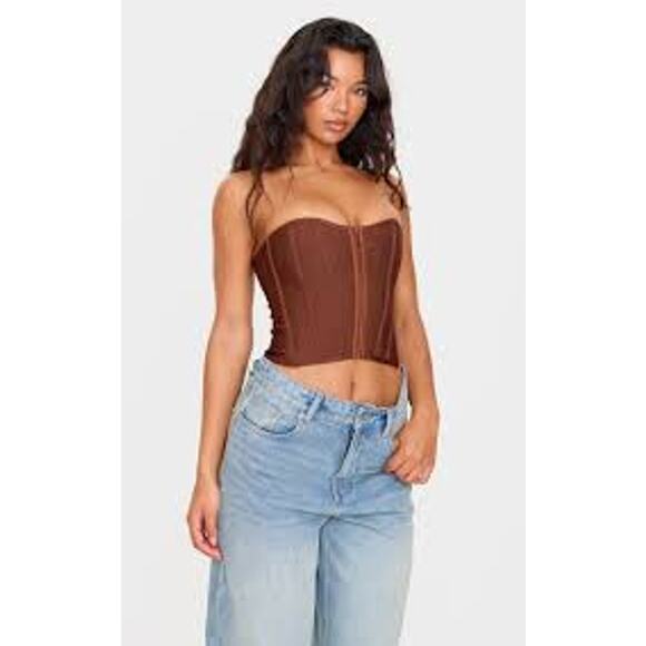 PRETTY LITTLE THING Hook and Eye Bandage Corset Top Size 6 S Brown GOTH SEXY - Picture 1 of 7